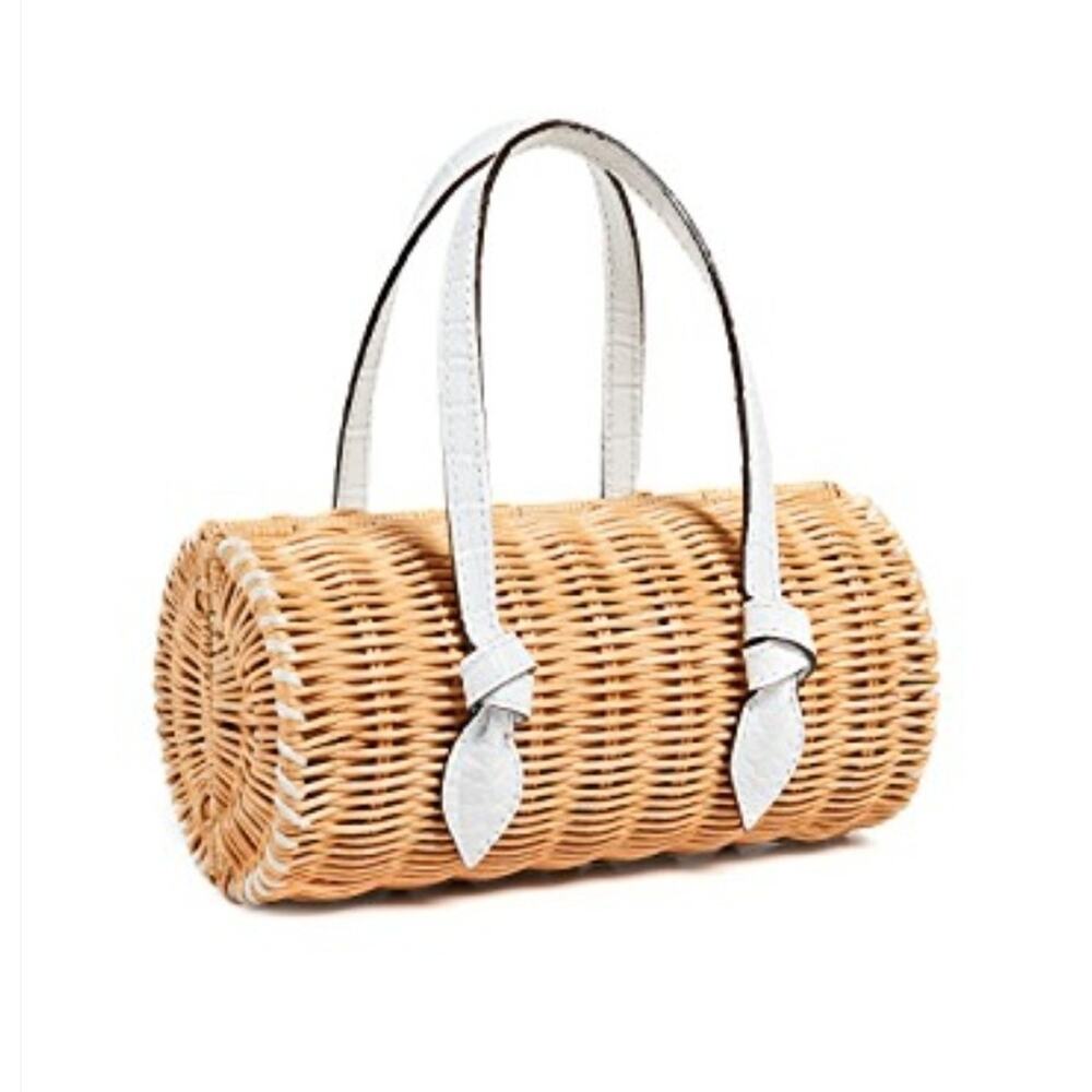 Pamela Munson Agatha Baby Bag,White Leather-Trim Wicker Handle Bag NWT 8"x 4½"